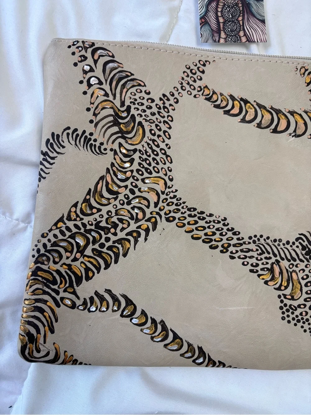Wristlet Clutch in Taupe with Black and Metallic Accents. Hand painted